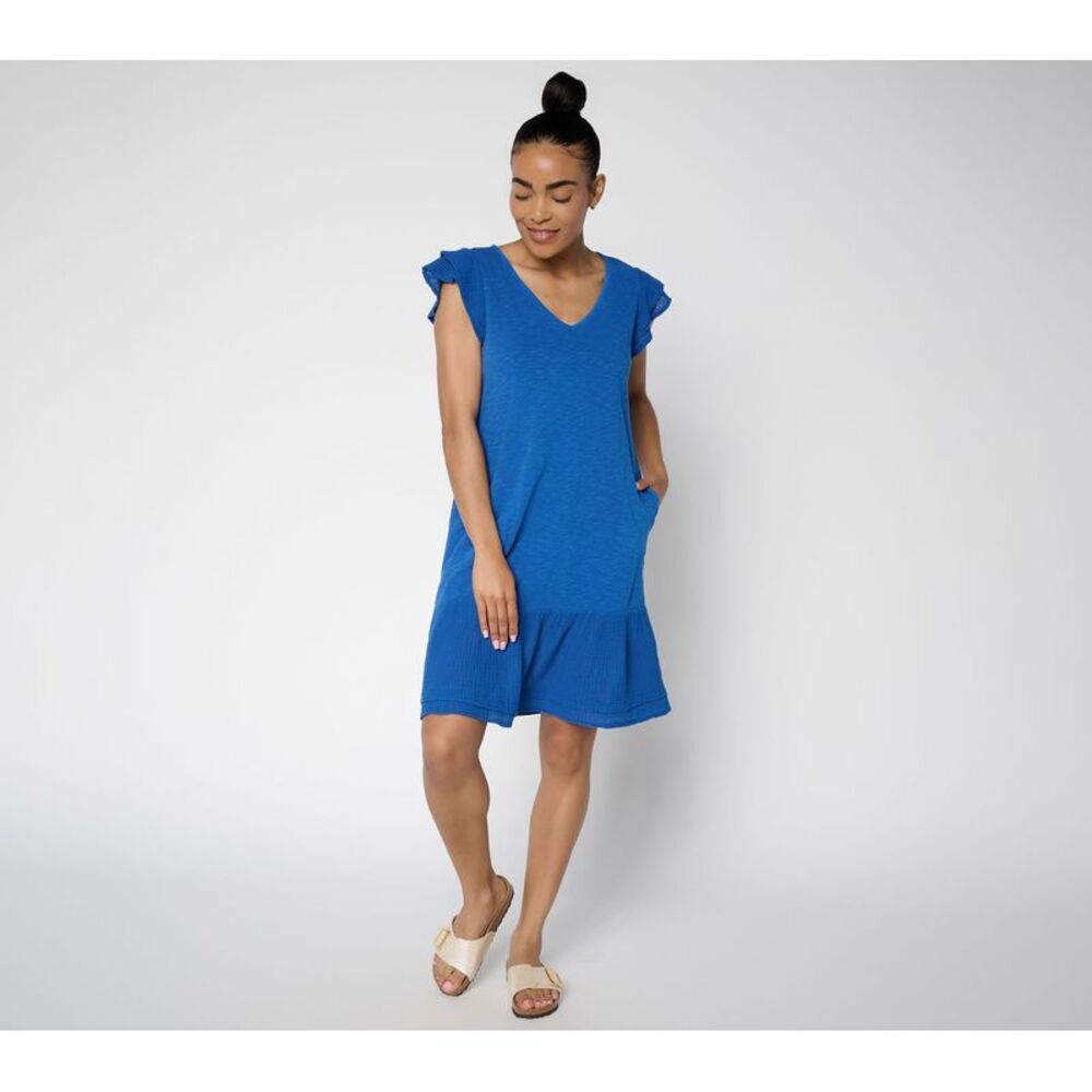 Anybody Women's Petite Dress PM Cotton Slub Jersey Gauze Mix Blue